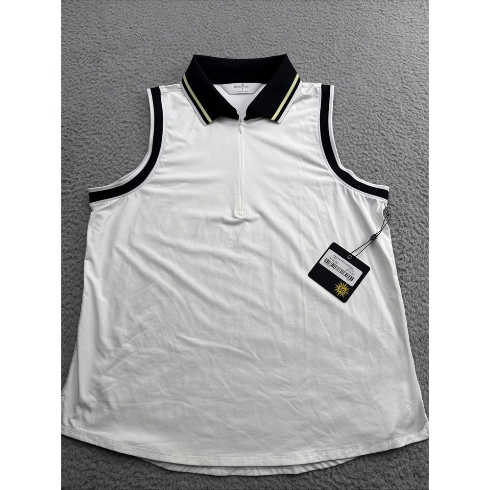 BELYN KEY Penny Sleeveless Polo Golf Shirt Womens Large Chalk Lemon Onyx TSL0139